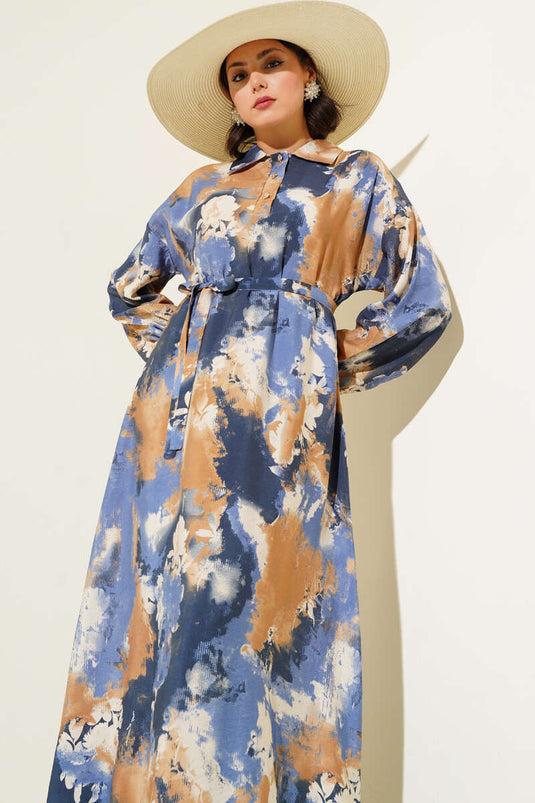 Kleid mit halben Knöpfen und Pinselmuster in Kamel