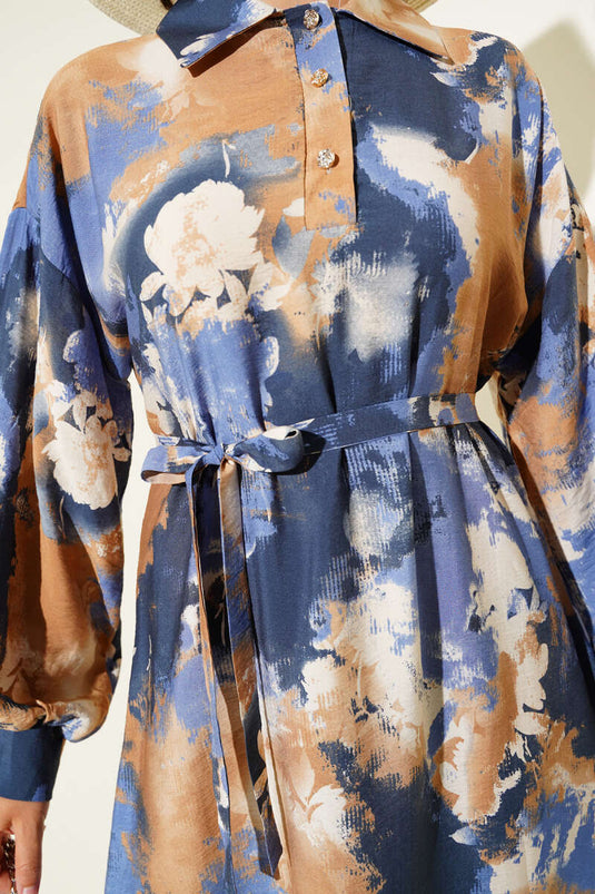 Kleid mit halben Knöpfen und Pinselmuster in Kamel