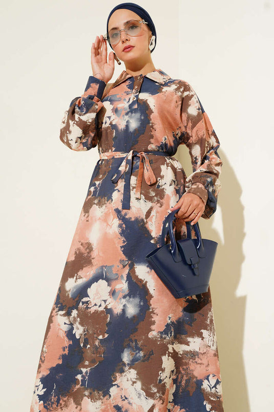 Kleid mit halben Knöpfen und Pinselmuster, Altrosa