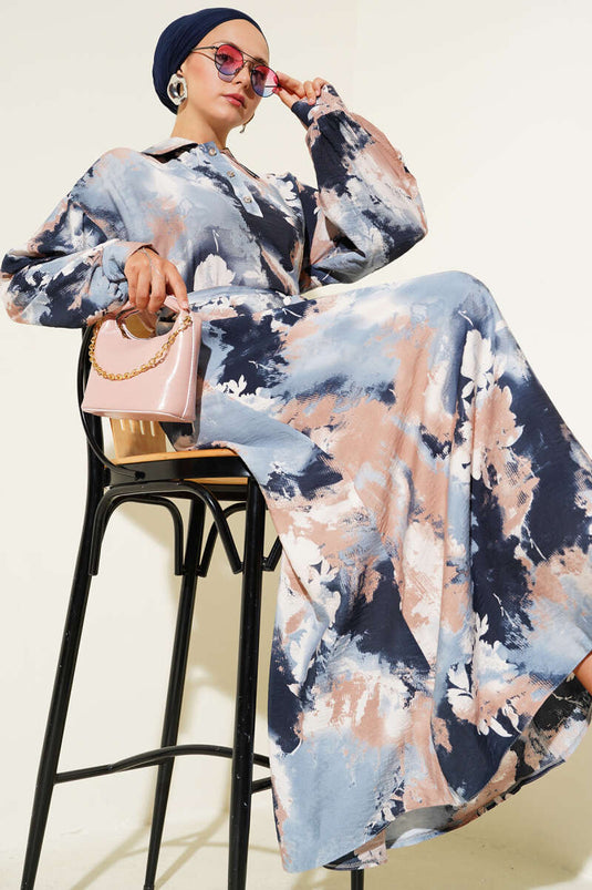 Mezzo bottone con motivo a pennello, blu vestito