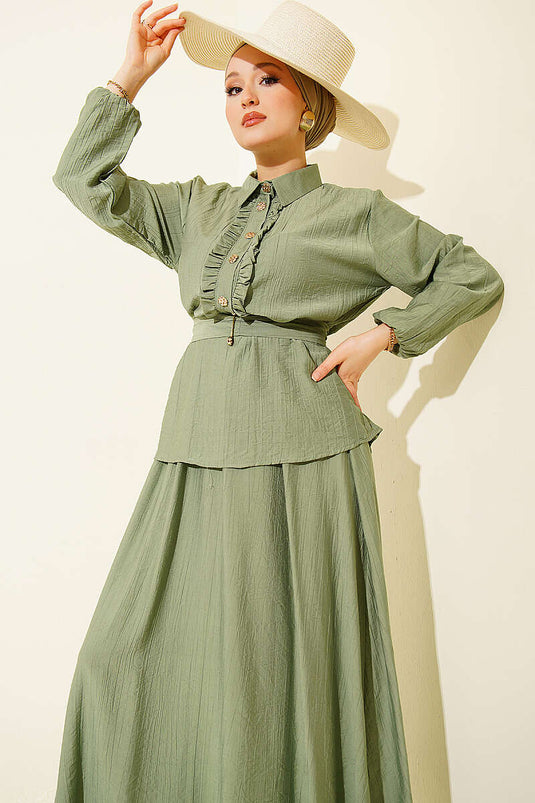 Two-Piece Set with Half Buttons and Ruffled Skirt in Pistachio Green