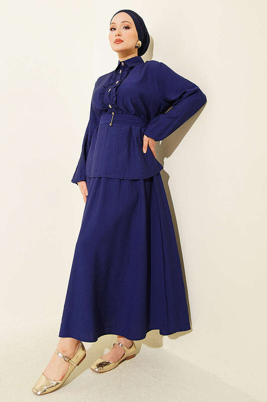 Ensemble deux pièces jupe à volants avec demi-boutons bleu marine
