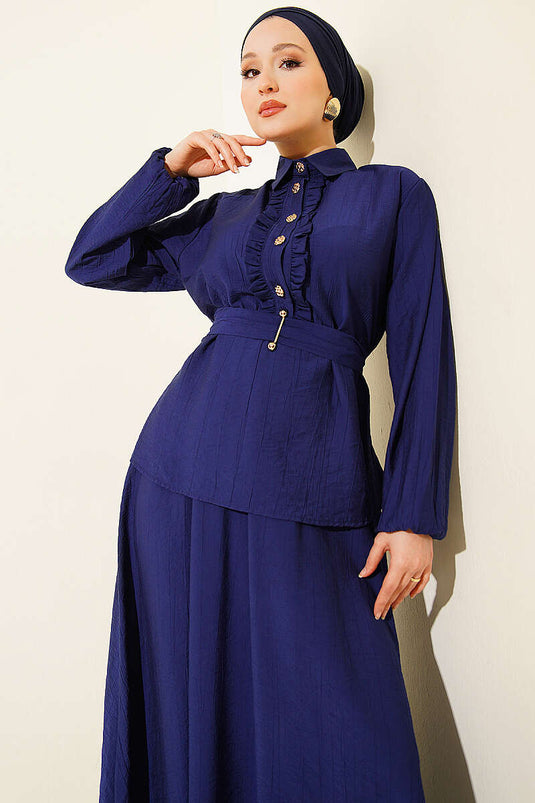 Two-Piece Set with Half-Button and Ruffled Skirt, Navy Blue