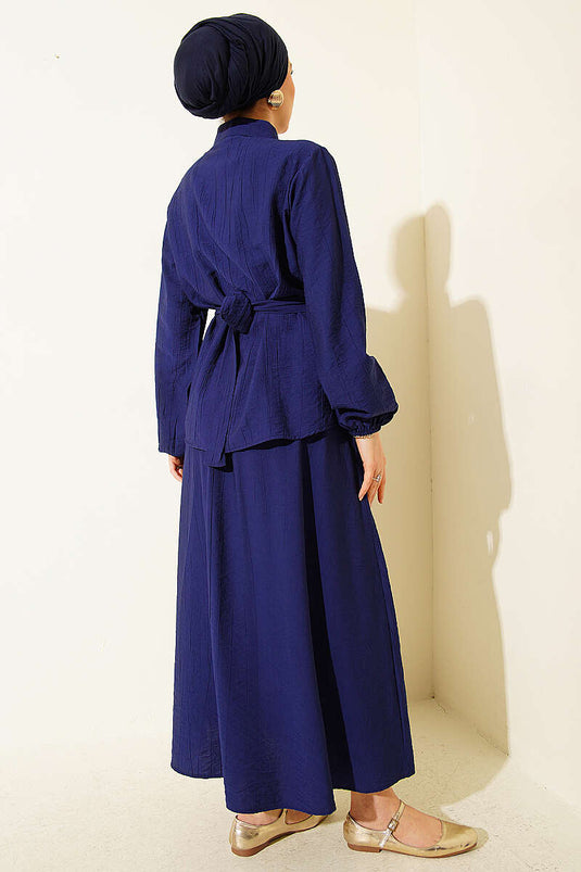 Two-Piece Set with Half-Button and Ruffled Skirt, Navy Blue