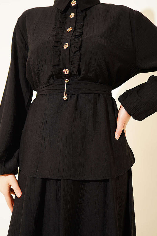 Two-Piece Set with Half-Button and Ruffled Skirt Black