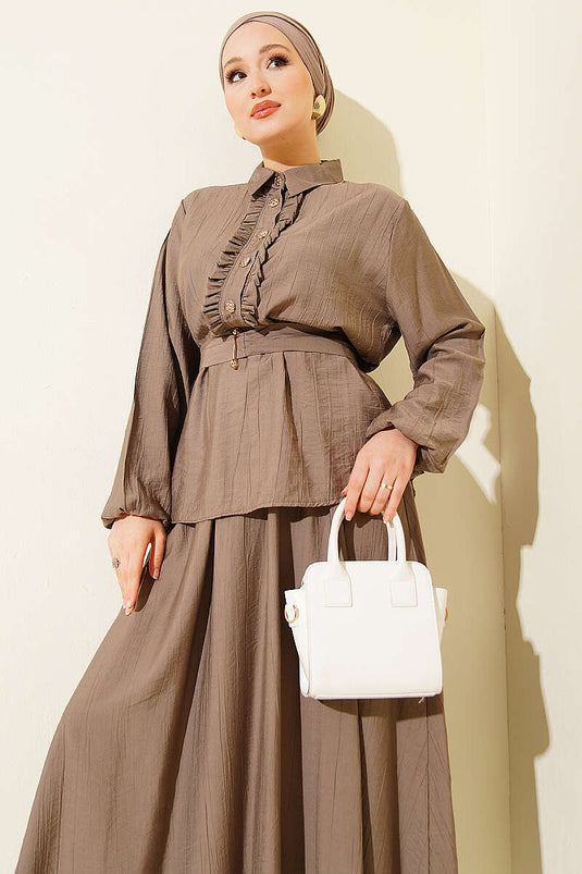 Two-Piece Set with Half-Button and Ruffled Skirt in Taupe