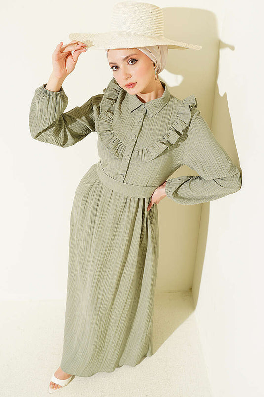 Robe froncée en crinkle à demi-boutons vert avocat