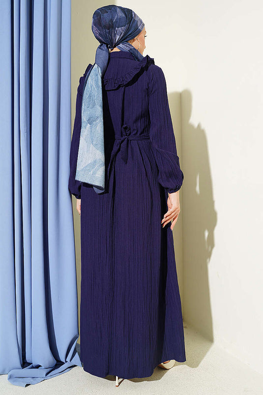 Navy Blue Half-Button Ruffled Crinkle Dress