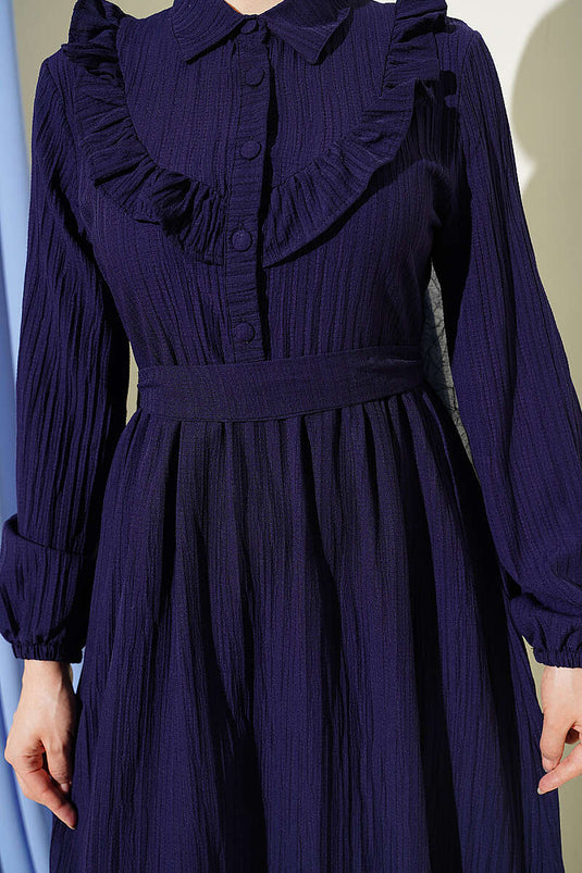 Navy Blue Half-Button Ruffled Crinkle Dress