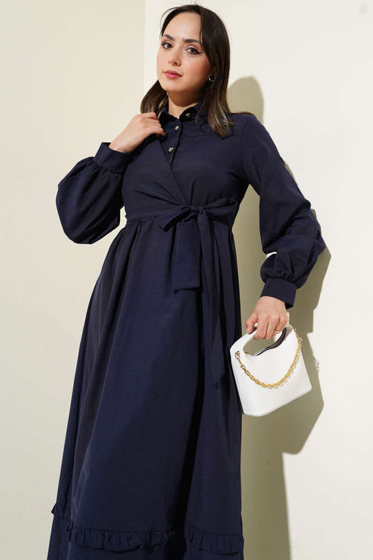 Yarım Düğmeli Fırfırlı Yandan Bağlamalı Elbise Lacivert