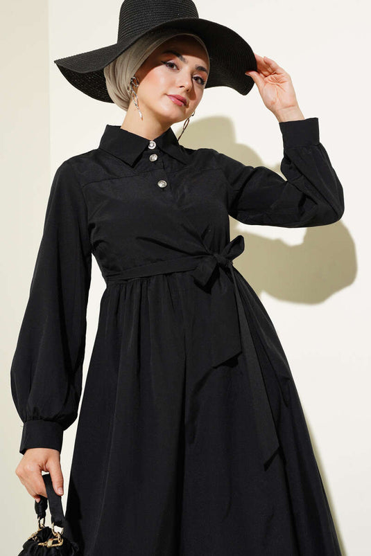 Half Buttoned Ruffle Side Tie Dress Black