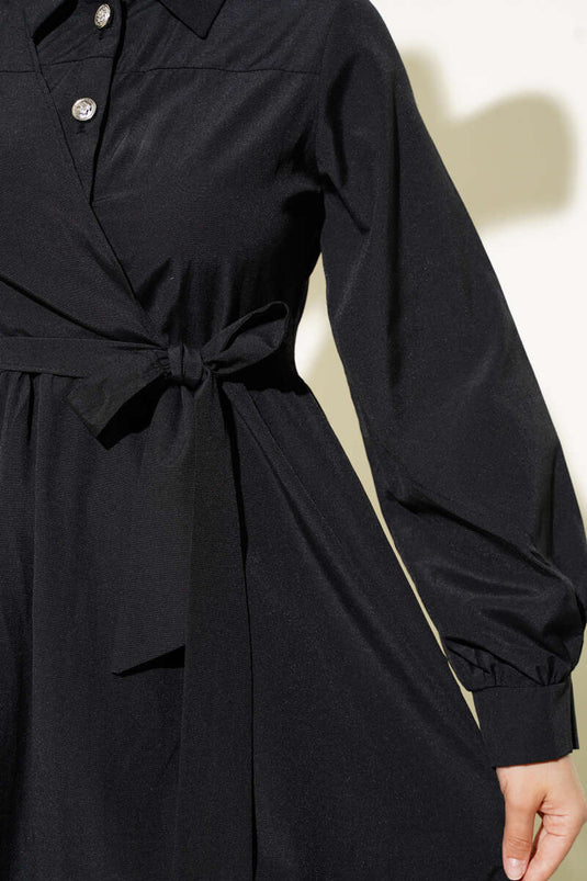 Half Buttoned Ruffle Side Tie Dress Black