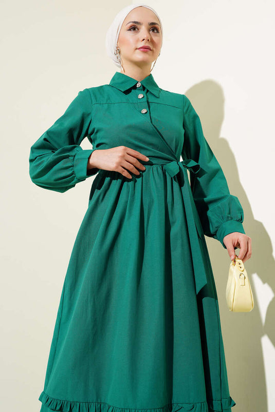 Half Buttoned Ruffle Side Tie Dress Green