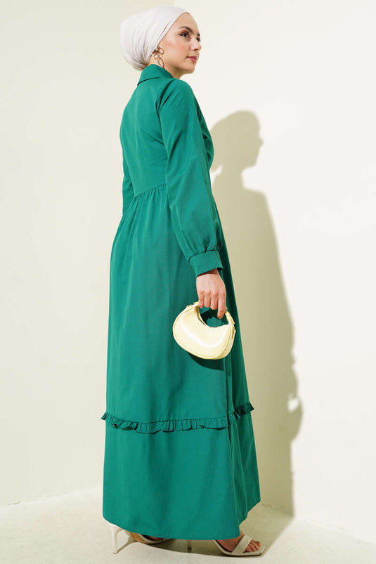 Half Buttoned Ruffle Side Tie Dress Green