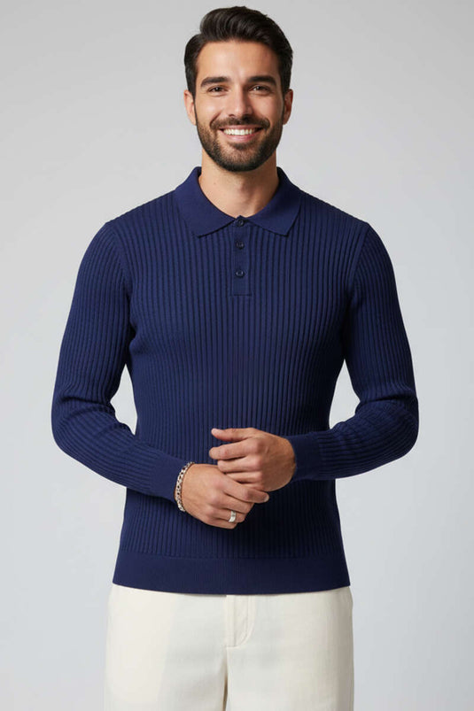 كنزة رجالية مضلعة بنصف أزرار، لون أزرق داكن