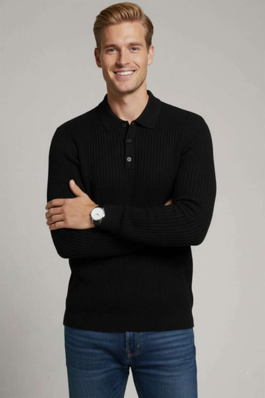 Men's Half-Button Ribbed Sweater, Black