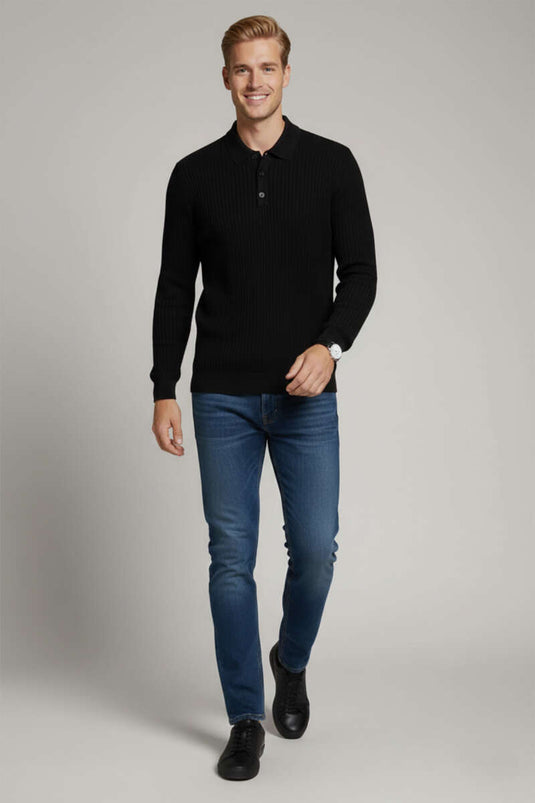 Men's Half-Button Ribbed Sweater, Black