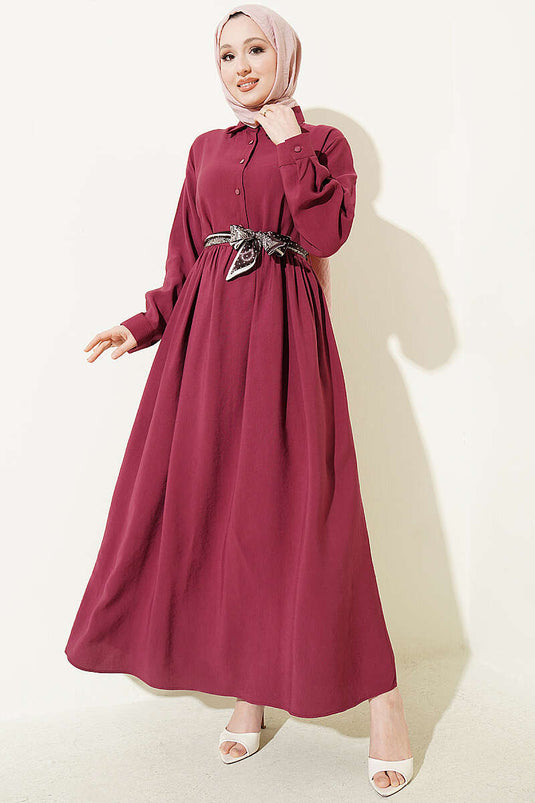 Half-Buttoned Dress with Scarf in Burgundy Tensel