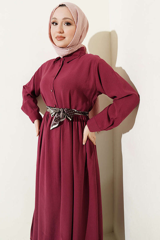 Half-Buttoned Dress with Scarf in Burgundy Tensel