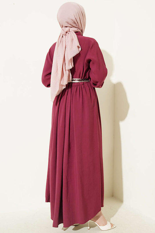 Half-Buttoned Dress with Scarf in Burgundy Tensel
