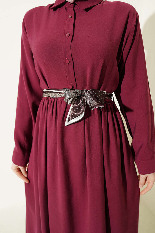 Half-Buttoned Dress with Scarf in Burgundy Tensel