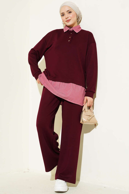 Half-Buttoned Trimmed Set Burgundy