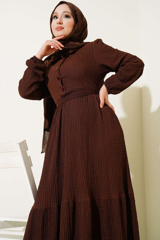 Half-Buttoned Waffle Dress Coffee