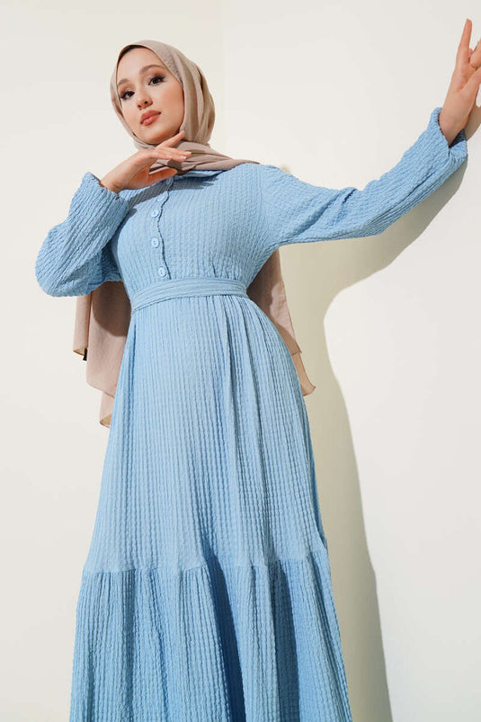 Half-Buttoned Waffle Dress Blue