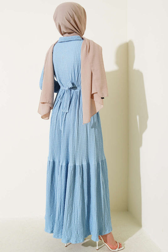 Half-Buttoned Waffle Dress Blue