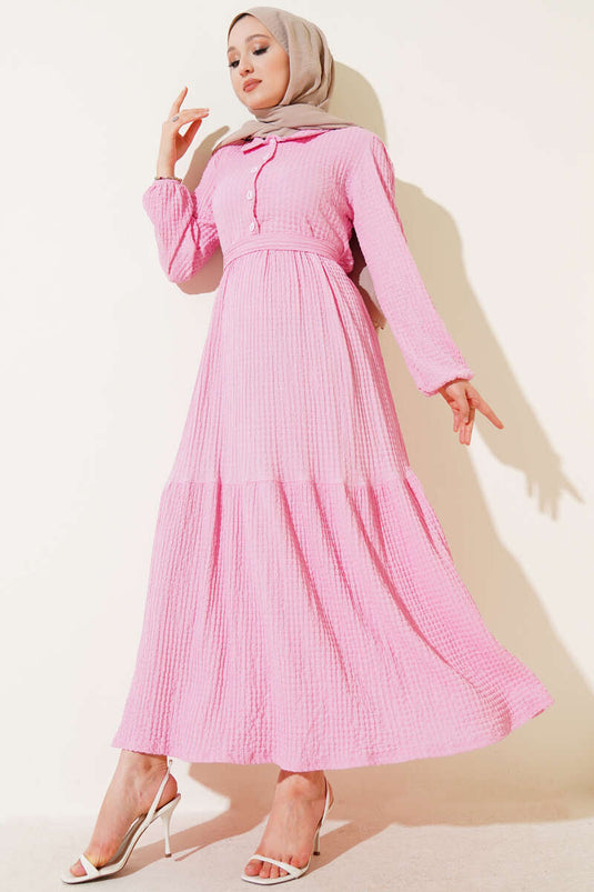 Yarım Düğmeli Gofre Elbise Pembe