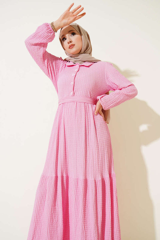 Yarım Düğmeli Gofre Elbise Pembe