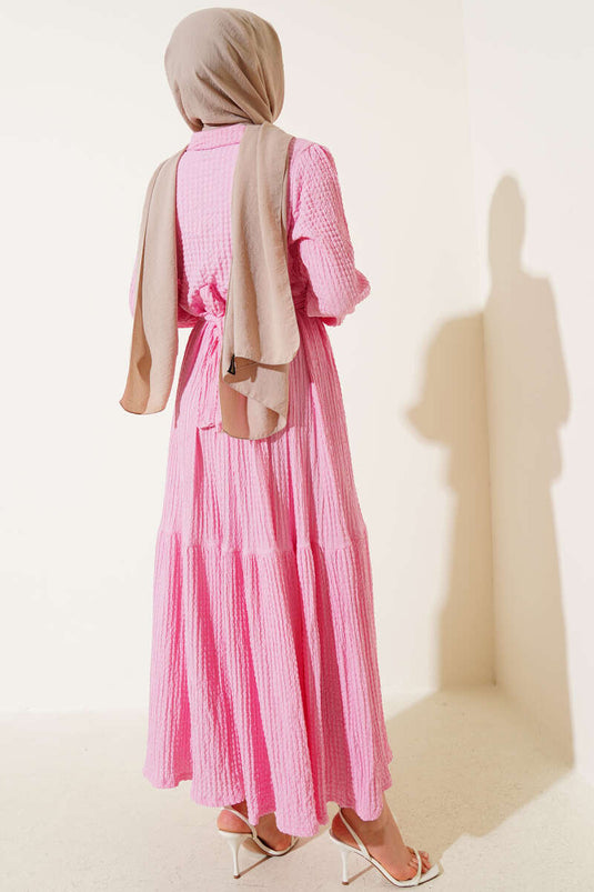Half-Buttoned Waffle Dress Pink