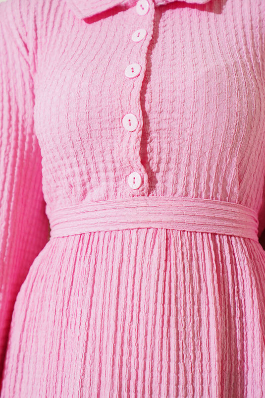 Yarım Düğmeli Gofre Elbise Pembe