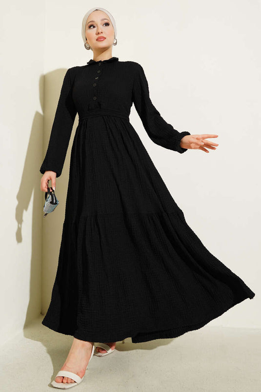 Robe Gofre À Moitié Boutonnée Noire