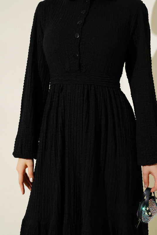 Robe Gofre À Moitié Boutonnée Noire