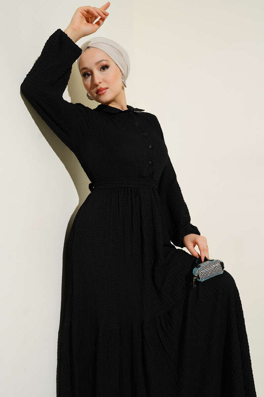 Half-Buttoned Waffle Dress Black