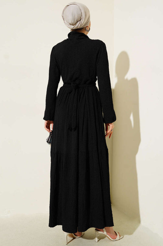 Half-Buttoned Waffle Dress Black