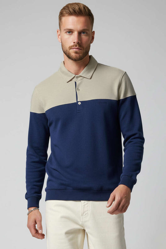 Half-Button Shirt Collar Men's Sweatshirt Beige