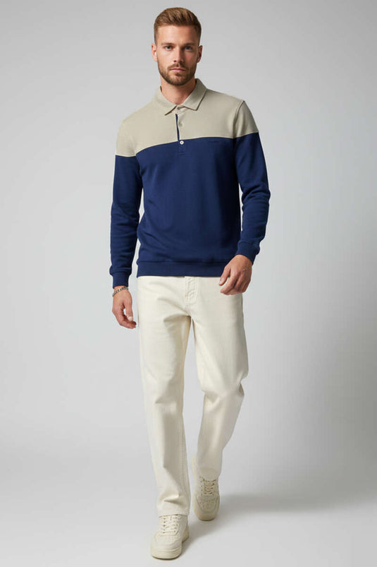 Half-Button Shirt Collar Men's Sweatshirt Beige