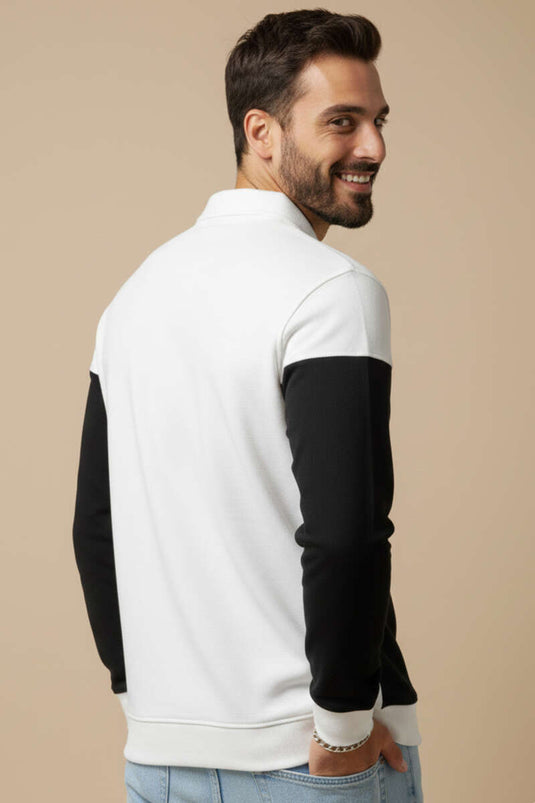 سويت شيرت رجالي بياقة قميص وأزرار نصفية أبيض