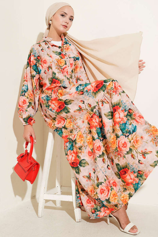 Yarım Düğmeli Gül Desenli Elbise Kırmızı