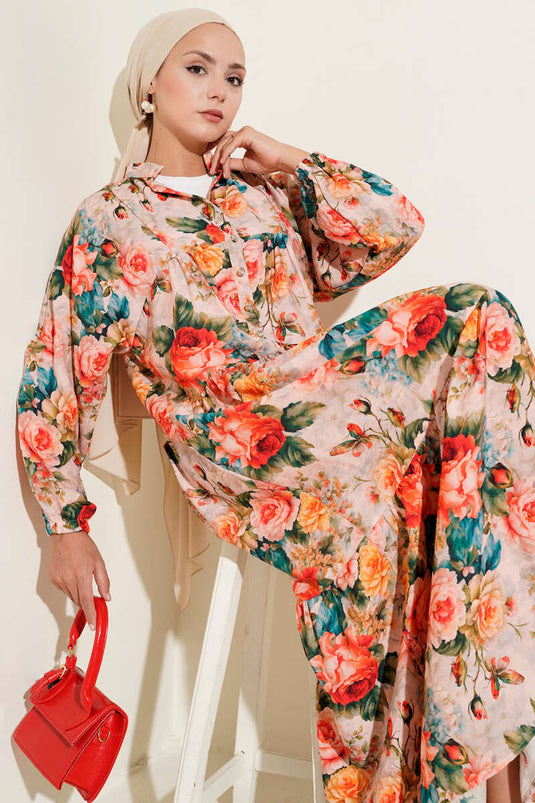 Yarım Düğmeli Gül Desenli Elbise Kırmızı