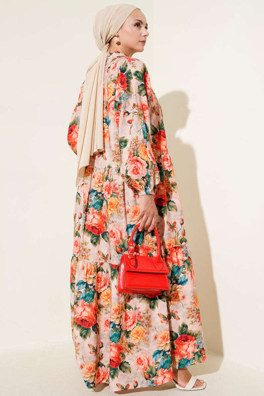 Yarım Düğmeli Gül Desenli Elbise Kırmızı