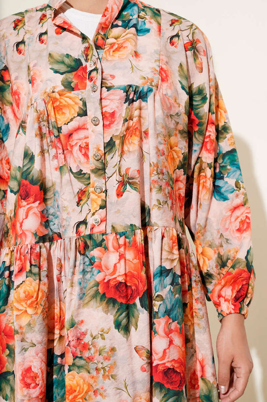 Yarım Düğmeli Gül Desenli Elbise Kırmızı