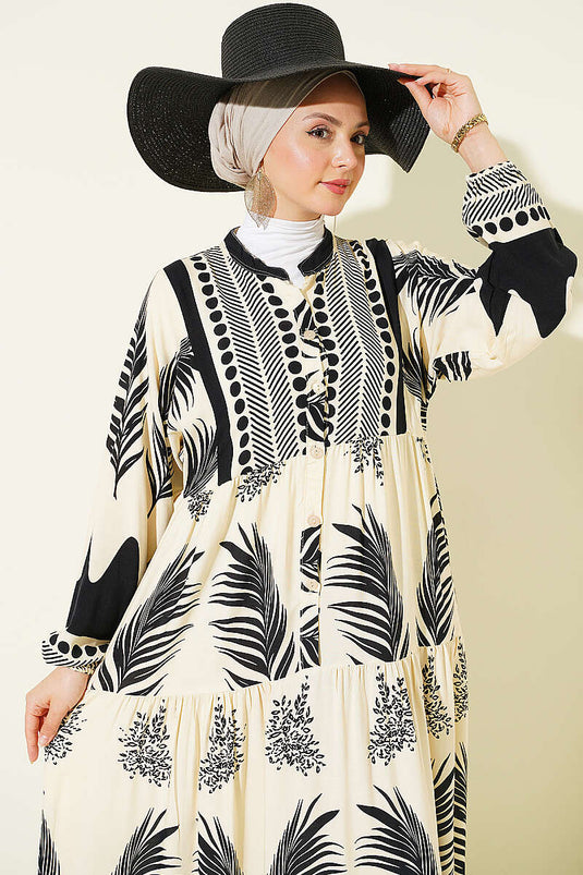 Robe à col officier à demi-boutons avec motif, noire