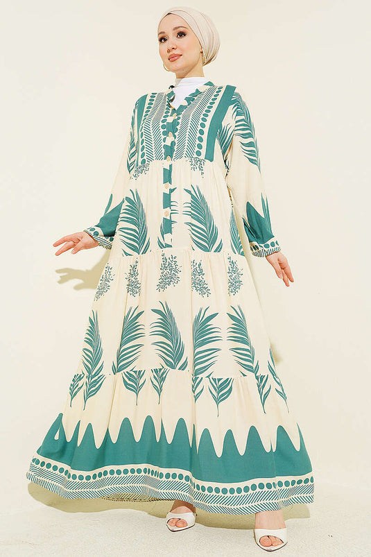 Robe à col officier à demi-boutons avec motif, verte