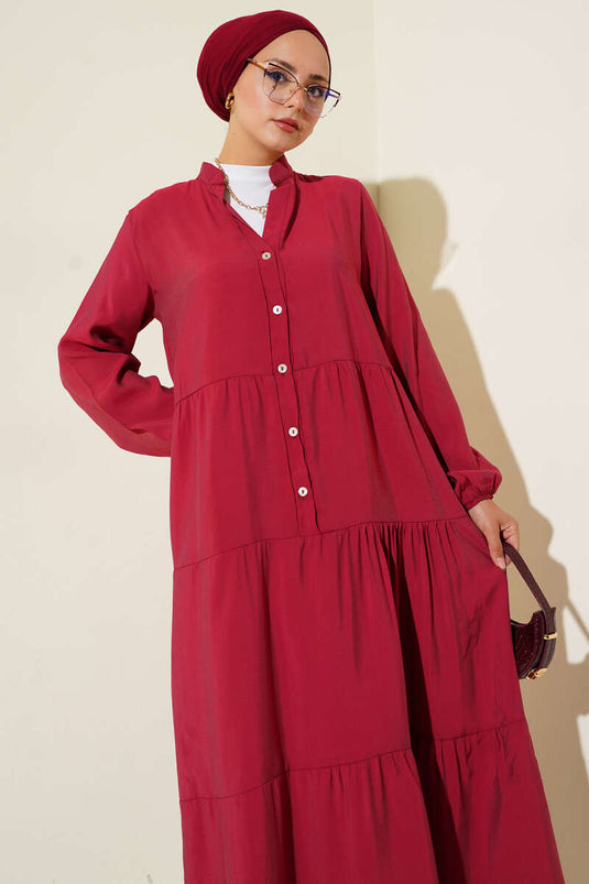 Yarım Düğmeli Hakim Yaka Kat Elbise Bordo