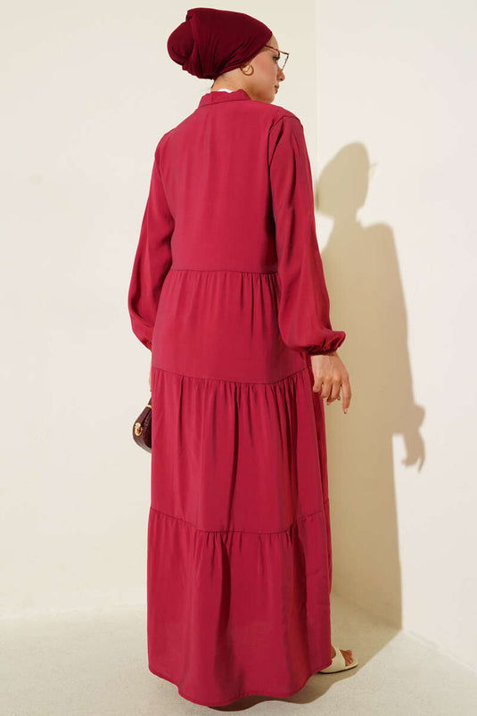 Yarım Düğmeli Hakim Yaka Kat Elbise Bordo