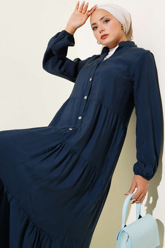 Robe longue à col officier avec demi-boutons bleu marine