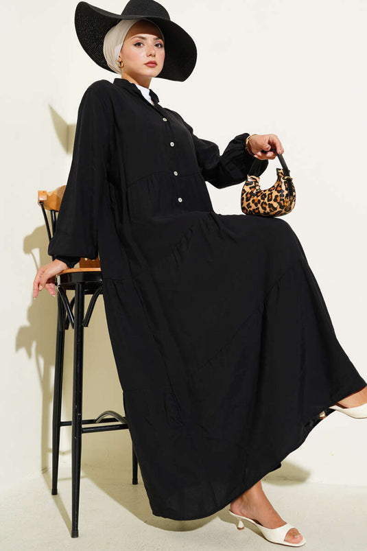 Half-Buttoned Stand Collar Layered Dress Black
